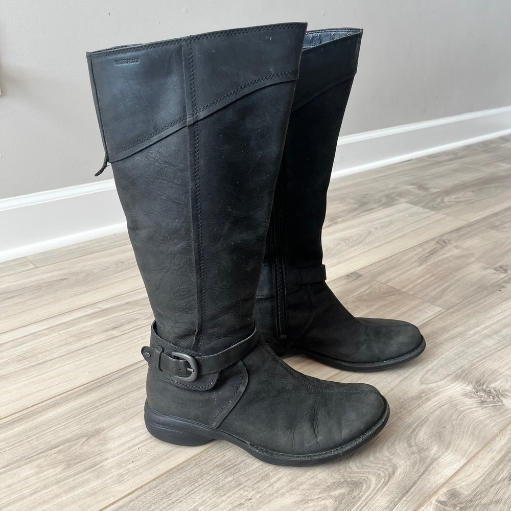 Merrell Captiva Waterproof Tall Leather Moto Boots Black 8.5 Buckle Strap Zip Up